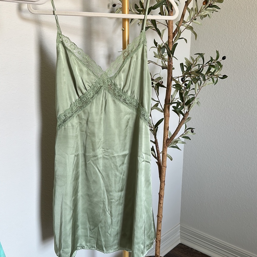 Love Triangle Satin Cami Dress With Lace Trim - Sage Green - Picture 5 of 7
